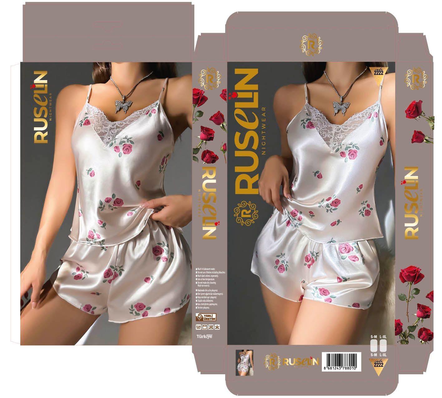 Gül desenli dantelli askılı saten pijama takımı