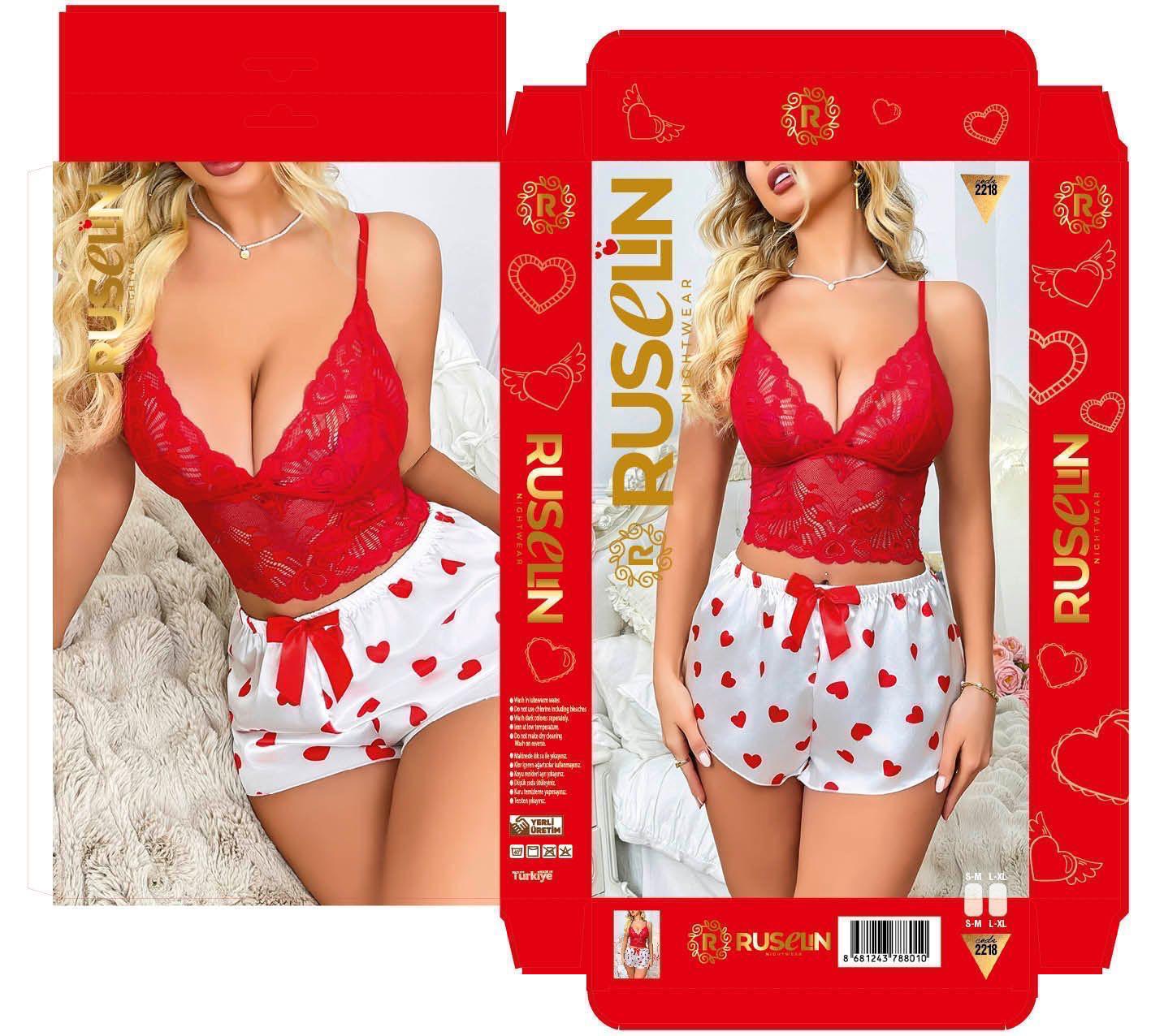 kırmızı kalp desenli şort büstiyer pijama takımı