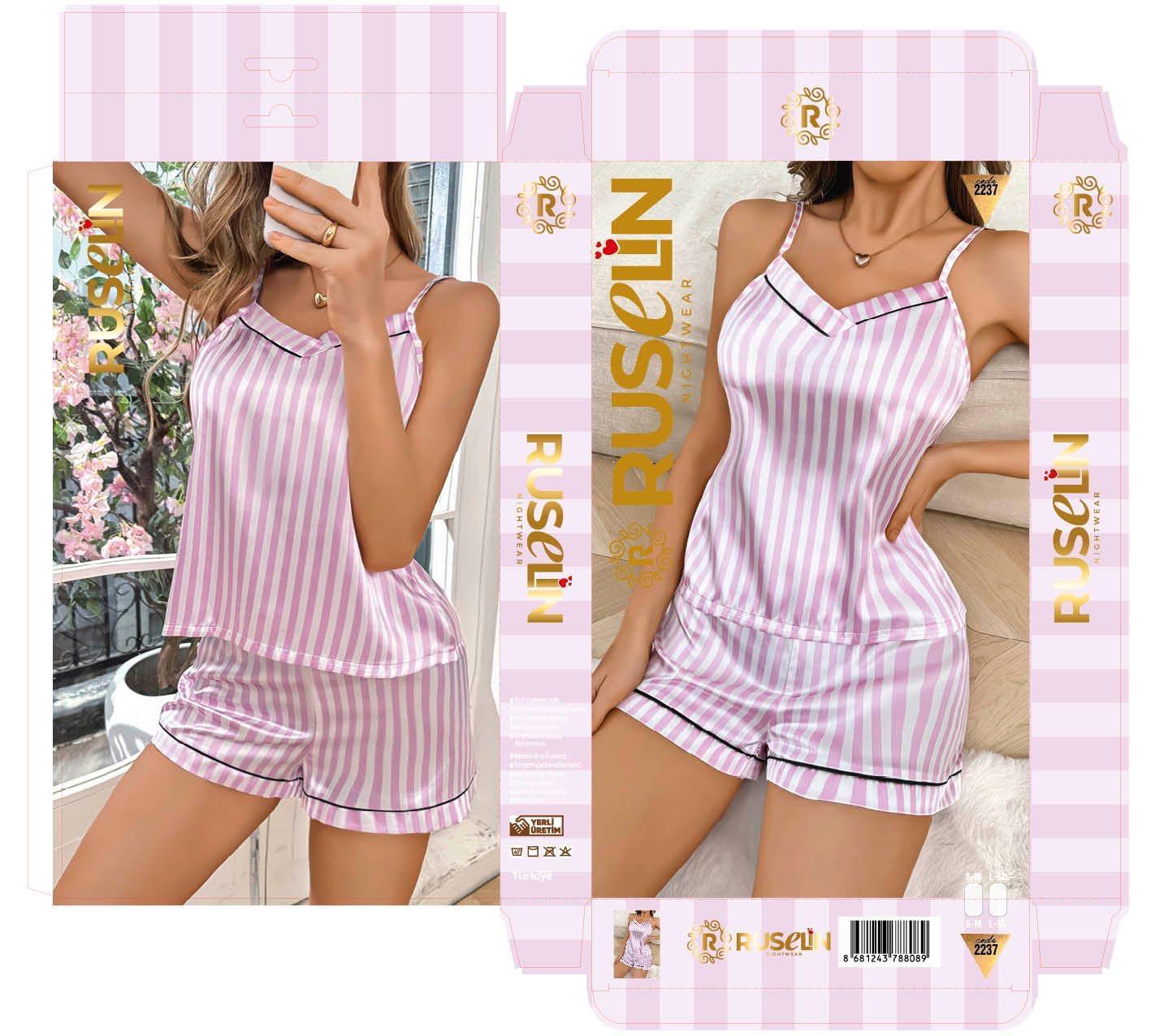 Pembe çizgili kısa şortlu saten pijama takımı