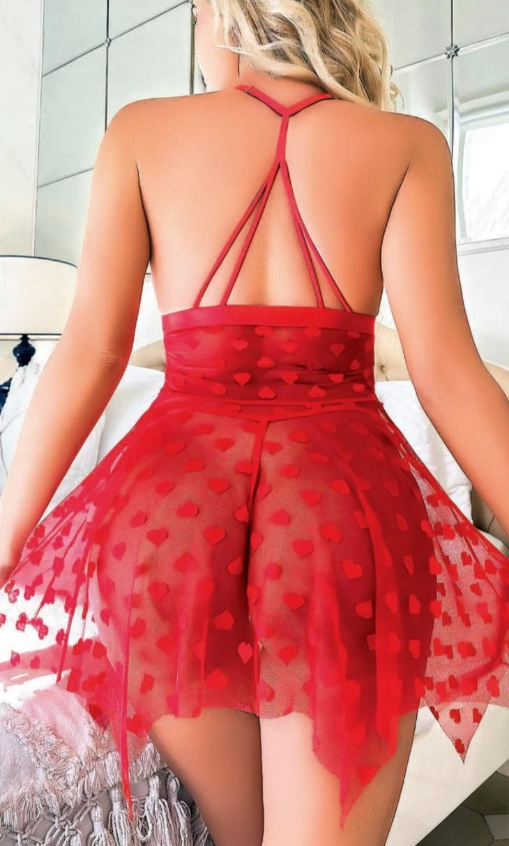 Kalp desenli tül transparan takım