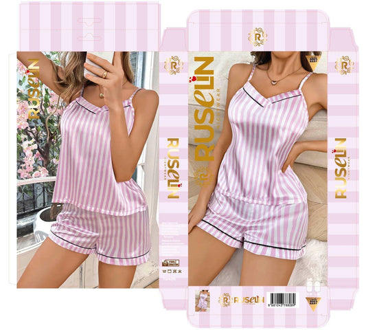 Pembe çizgili kısa şortlu saten pijama takımı